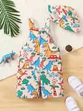 2Pcs Adorable Cartoon Dinosaur Print Suspender Overalls and Hat Set 9-12 Months.