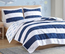 BLUE STRIPES SHARK 3pc Queen QUILT SET : SAMMIE NAUTICAL OCEAN COASTAL BEACH