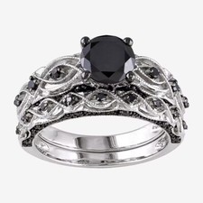 2 CT Black Round Cut Onyx Wedding Matching Bridal 925 Sterling Silver Ring Set