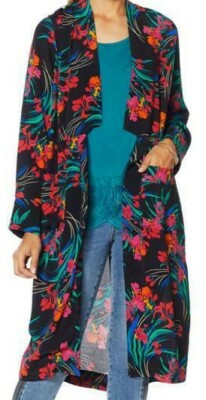 Blk Floral Open Front Duster Blazer Cardigan Lightweight Pocket Long Sleeve  Sz S