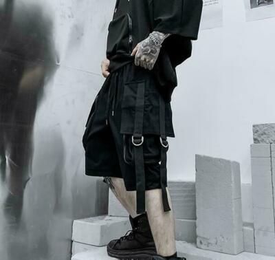 Casual Youth Short Pant Men Loose Punk Buckle Strap Overalls Beach
