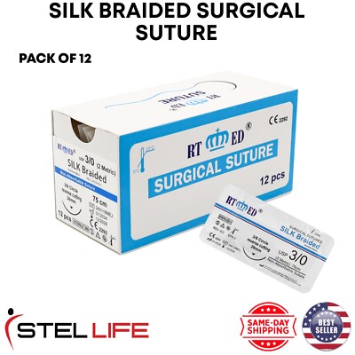 3/0 Silk Braided Suture Threads with Needle Pack of 12 Sterile Practice Sutures