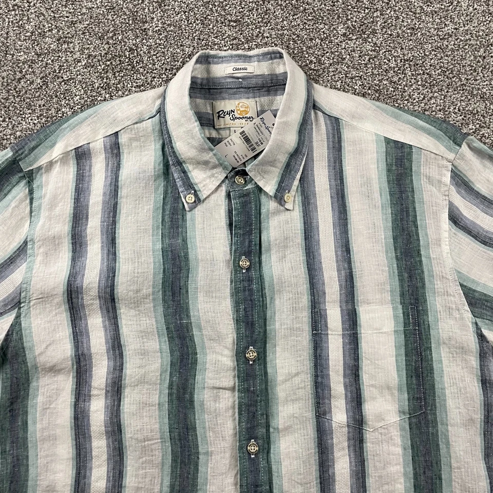 Reyn Spooner Shirt Men L Button Down Classic Fit Striped Short Sleeve Hilo Linen - Image 2 of 4