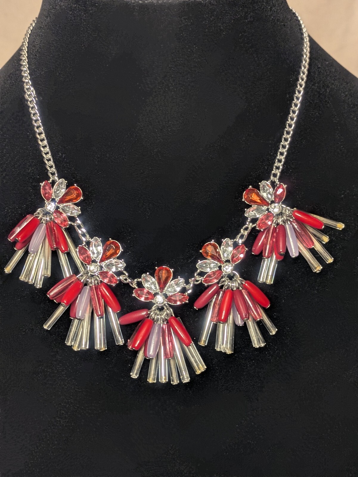 Statement Necklace Simulated Diamond/Ruby Cluster… - image 1