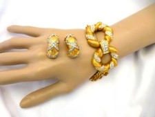Vtg KJL Kenneth Jay Lane Rhinestone Encrusted Gold-tone Bracelet & Clip Earrings