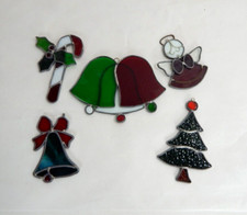 Vintage Leaded Stained Glass Tree Ornaments Bells, Cane, Tree, Angel