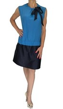 Victoria  Beckham  Blue Silk Sleeveless Cinch Neck Bow Drop Waist Shift Dress  2