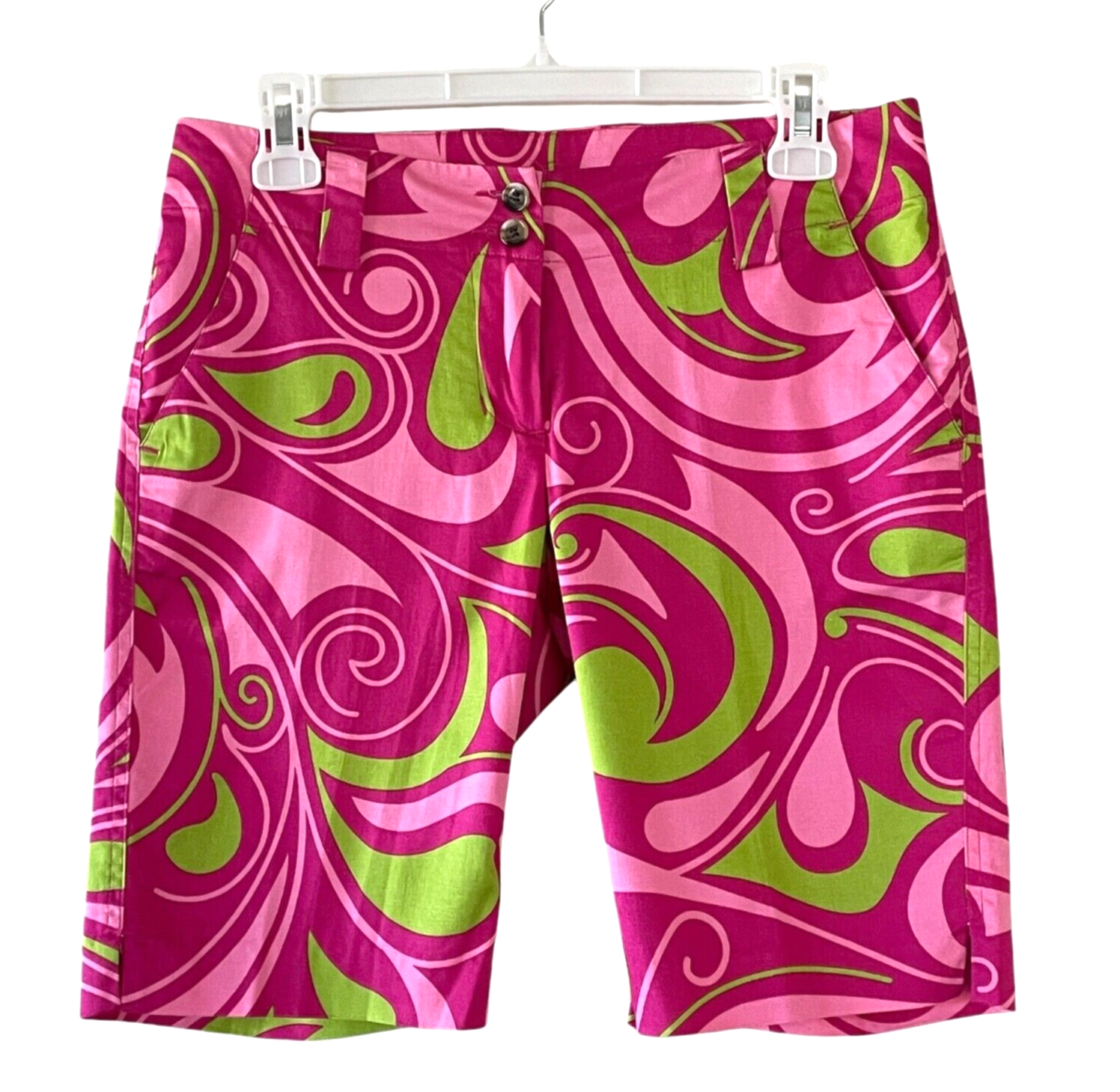 LOUDMOUTH Women's Size 2 Pink Green Swirls Front Zip Casual Bermuda Golf Shorts