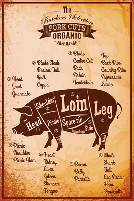 Blechschild 20x30 The Butchers Selection Pork Cuts Organic Free Range Metzger Sc
