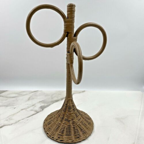 Vintage Boho Wicker Rattan Bamboo 3-Ring Towel Scarf Holder Stand - Picture 1 of 10