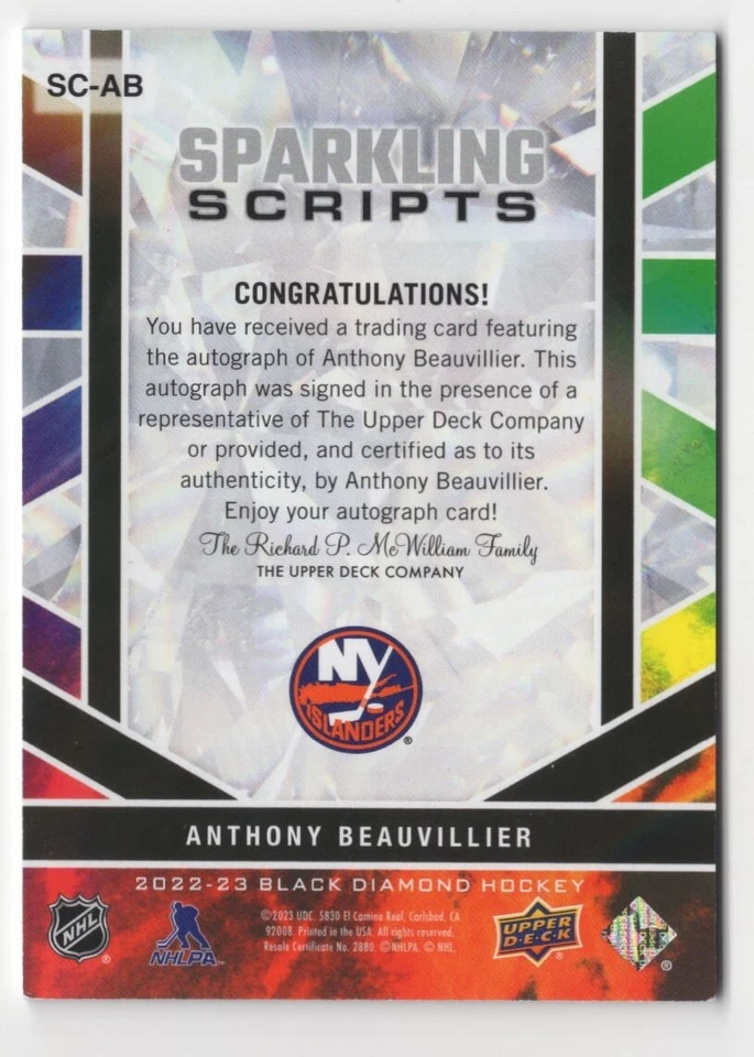2022-23 Upper Deck Black Diamond - Anthony Beauvillier S. Scripts Auto - Rangers - Image 2 of 2
