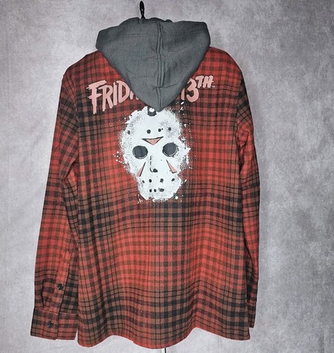 Men's Friday The 13th Jason Mask Hooded Red Flannel Plaid Button Up Shirt - Picture 3 of 9