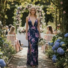 NWT Fame and Partners Navy Pink Floral Deep V Open Back Maxi Dress US 8