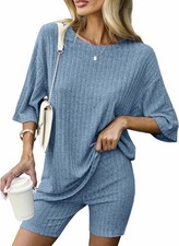 Blue Ribbed Comfort Lounge Set Women 2pc Oversize Shirt Biker Shorts Athleisure
