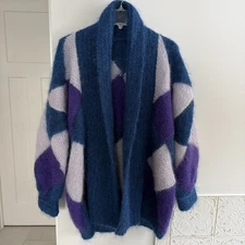 Hand Knit Angora Mohair Colorblock Cardigan Blue Purple Women’s New Zealand READ