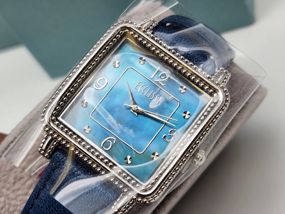 Ecclissi Sterling Silver 925 Mother Of Pearl Leather Band Tank Watch New Battery - Image 3 of 4