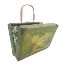 Vintage Handmade Wooden Box Purse Butterfly Decoupage Lucite Handle Folk Art Bag