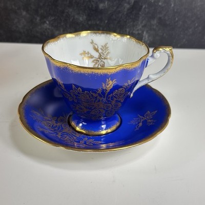 Vintage Paragon Blue and Gold Roses Tea Cup and Saucer Bone China England