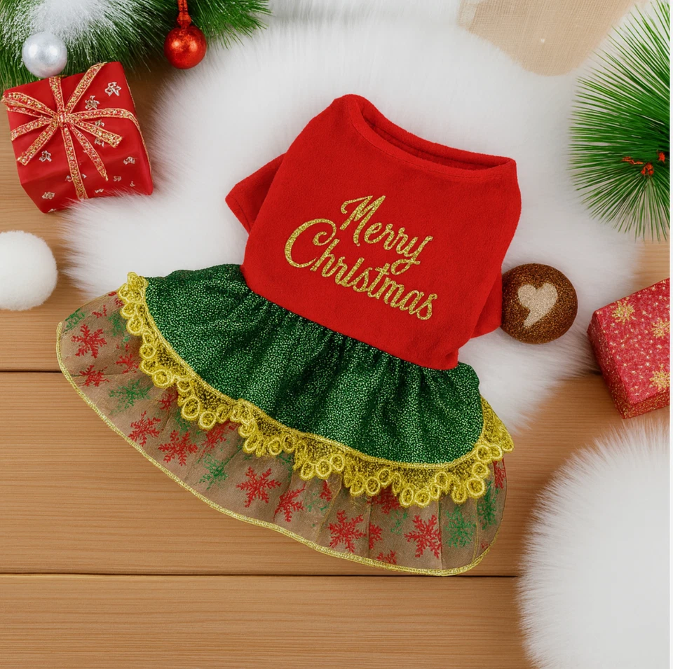 Christmas Dog Dress – Red & Green “Merry Christmas” Outfit with Gold size M - Image 2 of 4