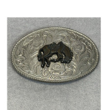 Western Americana Silver Tone Belt Buckle Horse Motif Floral Design 3