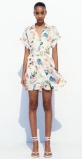 Zara Womens Shirt Dress XS White Floral Belted Long Sleeve satin Mini