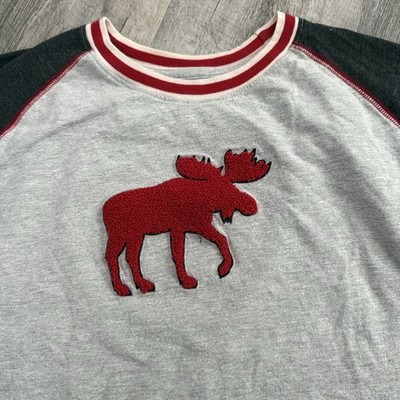 Moose Baseball T-Shirt Mens XL Gray Red Raglan Sleeve Pullover Appliqué Lazy One