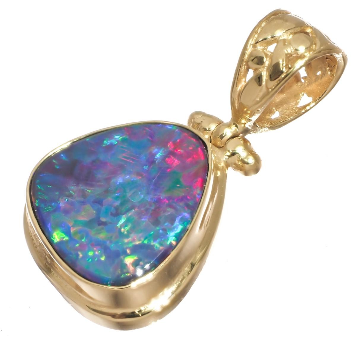 Vermeil Gold Blue Green Red Crystal Flash Aussie Opal 925 Silver Pendant, 1"