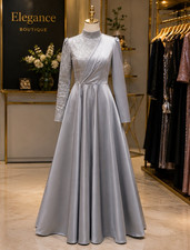 Gray Long Sleeve High Neck Lace A-Line Full-Length Wedding Dress