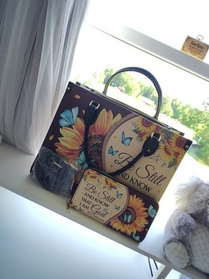 Blessac Faith Sunflower Be Still and Know That I Am God Leather Handbag w Wallet