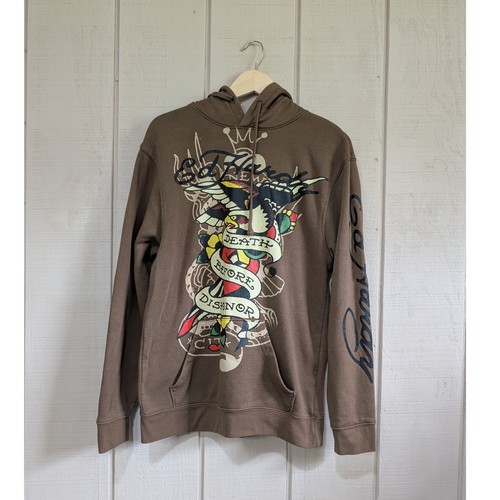 Ed Hardy Brown Death Before Dishonor Eagle Tattoo Graphic Hoodie Mens Medium