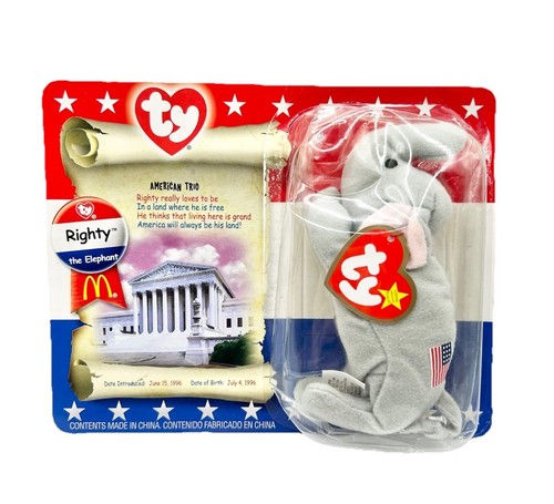 McDonalds TY Teenie Beanie Baby Righty The Elephant Of American Trio 2000 READ - Picture 1 of 6