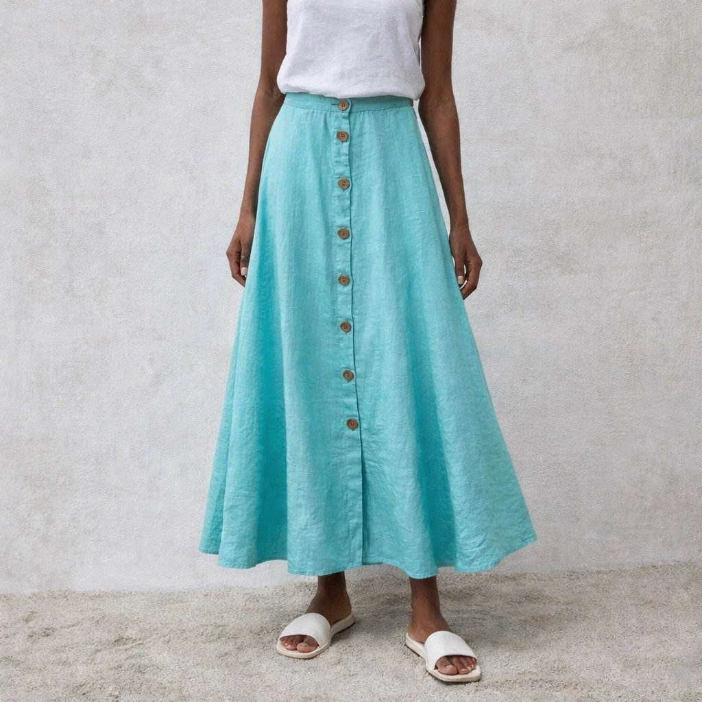 J Jill 100% Linen Skirt XS Midi Maxi Button Front A Line Aqua Teal Summer Lagen