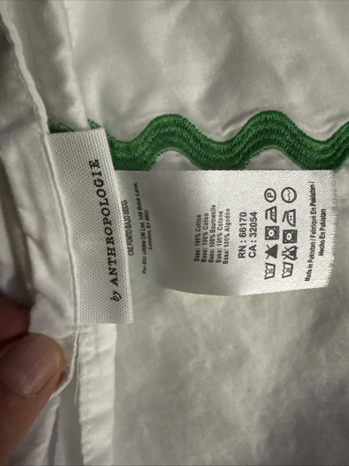 Anthropologie Maeve Vieira Satén Orgánico Lt Azul Verde Rick Rack Sábanas Completas Foto 3 de 4