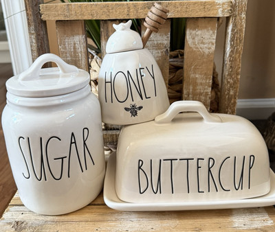 Rae Dunn Buttercup Dish Sugar Canister & Honey Jar Farmhouse Basic Kitchen Decor