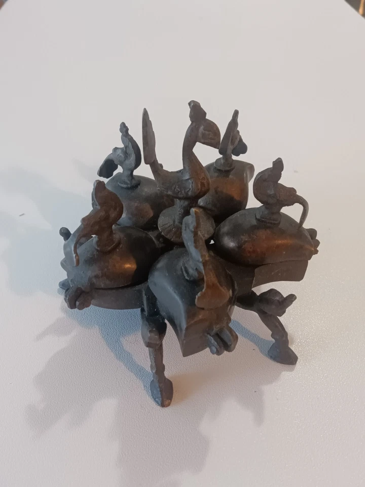 Antique Indian Brass KumKum Box Powder Tikka Box Peacock Finial Unique - Image 4 of 4