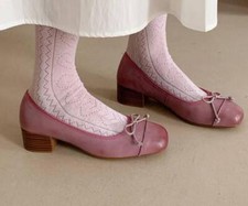 Sweet Women Bowknot Round Toe Block Heels Girl Leather Shoes Spring Summer size