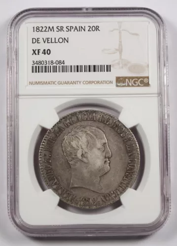 Spain 1822 M-SR 20 Reales Silver Coin NGC XF40 Ferdinand VII Madrid Mint KM561