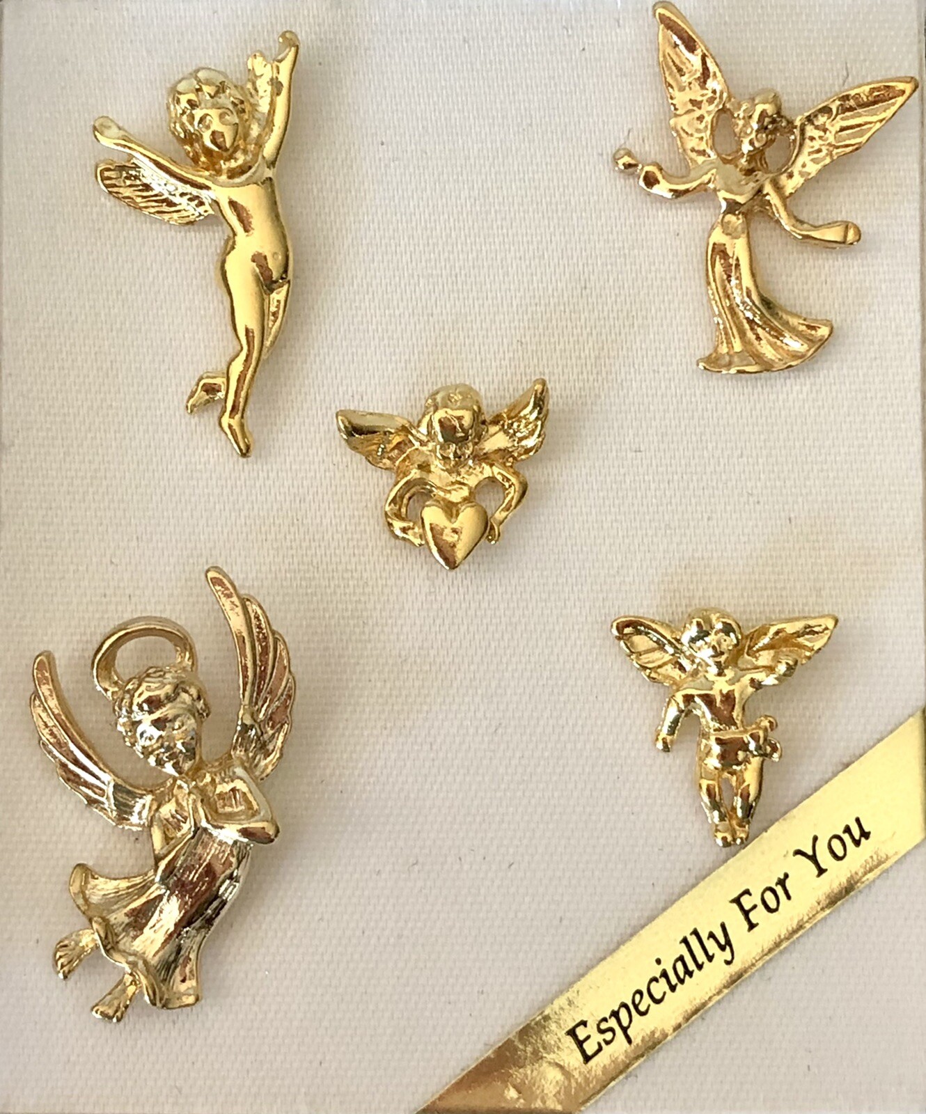 Vintage Guardian Angel Lapel Pins Boxed Set Of 5 New In Box Gold Angels