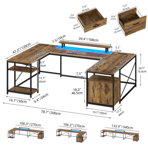 LED U Shaped Computer Gaming Desk Reversible Desk w/ Power Outlet Monitor Stand - Picture 4 of 11