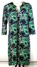 Mary Square Navy Blue Green Leaf Print 3/4 Sleeve Stretch Poly Shift Dress M