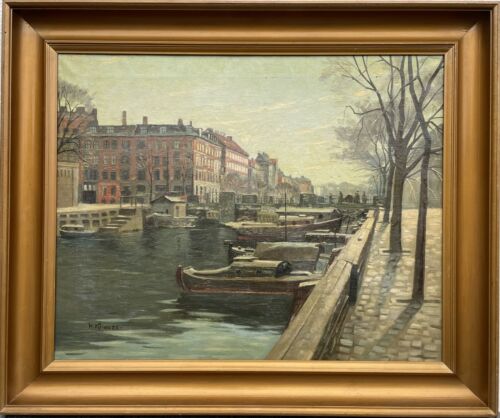 Hans Kruuse 1893-1964 Kopenhagen Promenade At City Canal View Boats Houses - Picture 2 of 16