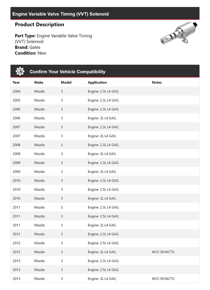 Puertas solenoide 2005 de distribución de válvula variable (VVT) para motor Mazda 2004-2013 3 Foto 2 de 4