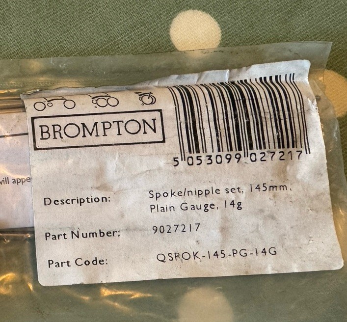 Brompton SINGLE spoke/nipple 145mm 9027217. Qspok-145-pg-14g. Front Wheel. 2013+
