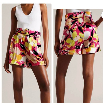 Ted Baker Thiana Vibrant Pink Floral High-Waist Paperbag Shorts, abstract, 3(m),