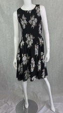 LOFT Floral Smocked Dress Womens Size 10 Black Sleeveless Fit & Flare