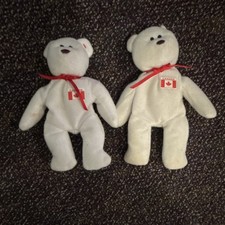 McDonald's Teenie Beanie Babies Canada Bear Plush Lot of 2 Red Ribbon Flag Patch