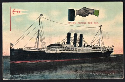 TSS Columbia Anchor Lines Steamship Postcard Mailed in 1908 Hands across the Sea