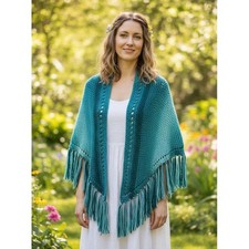 NEW Teal Blue Ombre Hand Knitted Shawl Wrap Scarf Boho Hippie Indie Cottage