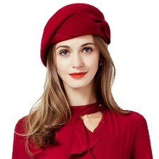 Red Wedding Beret Hat for Women Wool Felt Pillbox Hats Fascinator Tea Party C...