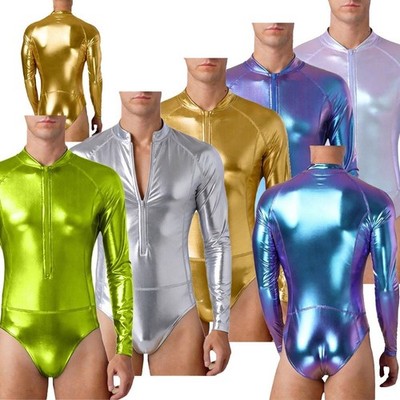 DE Herren Metallic Shiny Bodysuit Reißverschluss Langarm Leotard Club Jazz Dance